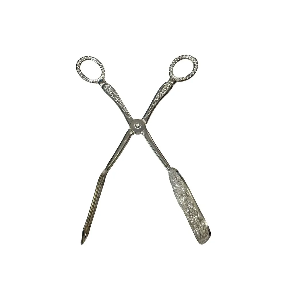 Vintage Ornate Silver Tone Scissor Style Pastry Serving Tongs 8.5 Inch